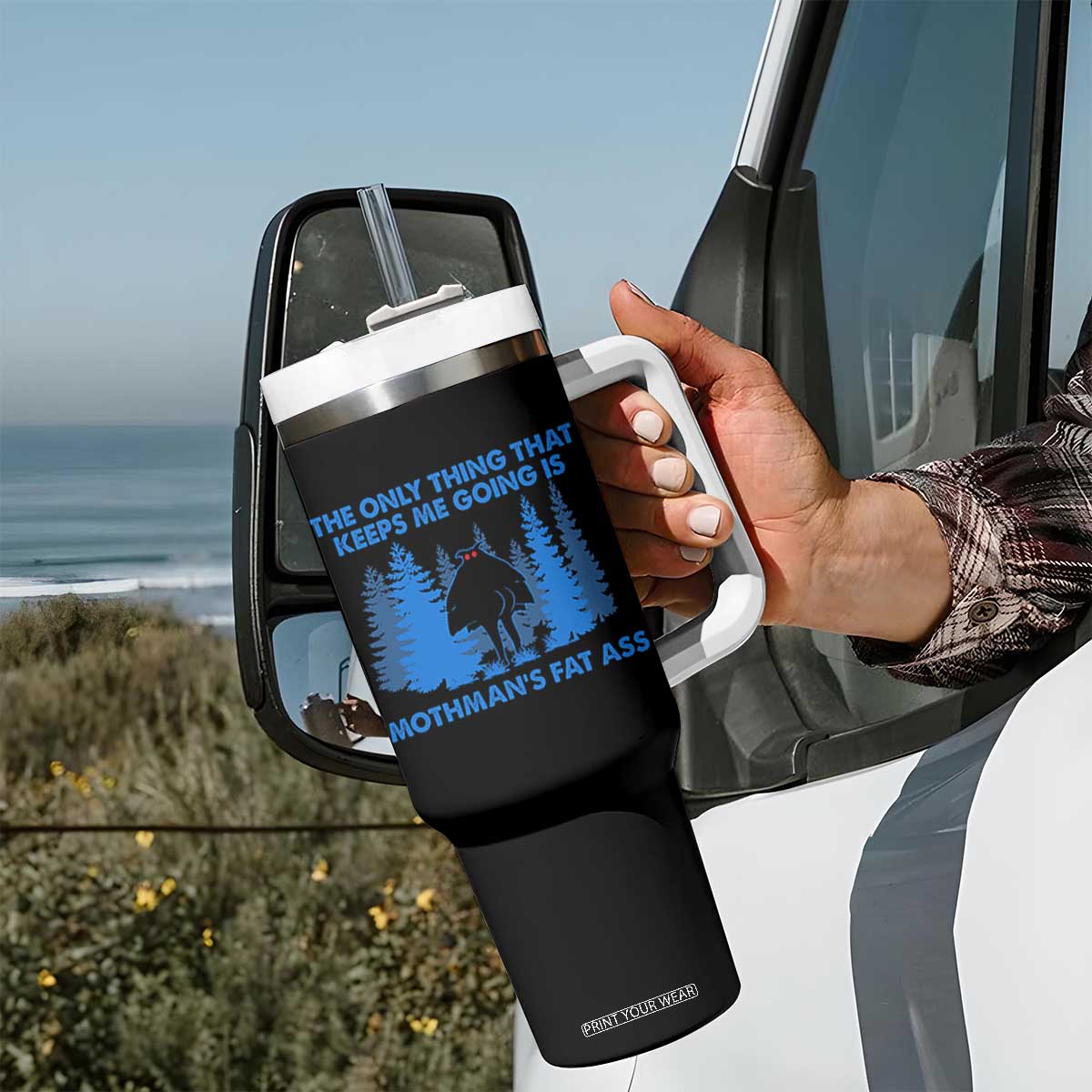 Funny Mothman Fat Ass Tumbler With Handle Vintage Cryptid Funny Moth Man Meme TS10 Print Your Wear