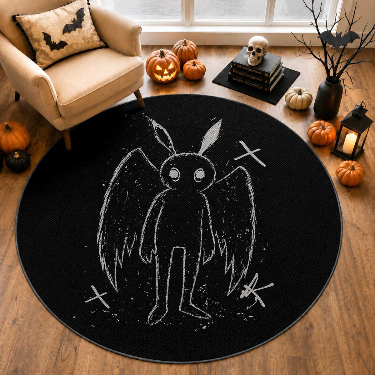 Creepy Cute Mothman Round Rug Alt Goth Grunge Horror Aesthetic Cryptid