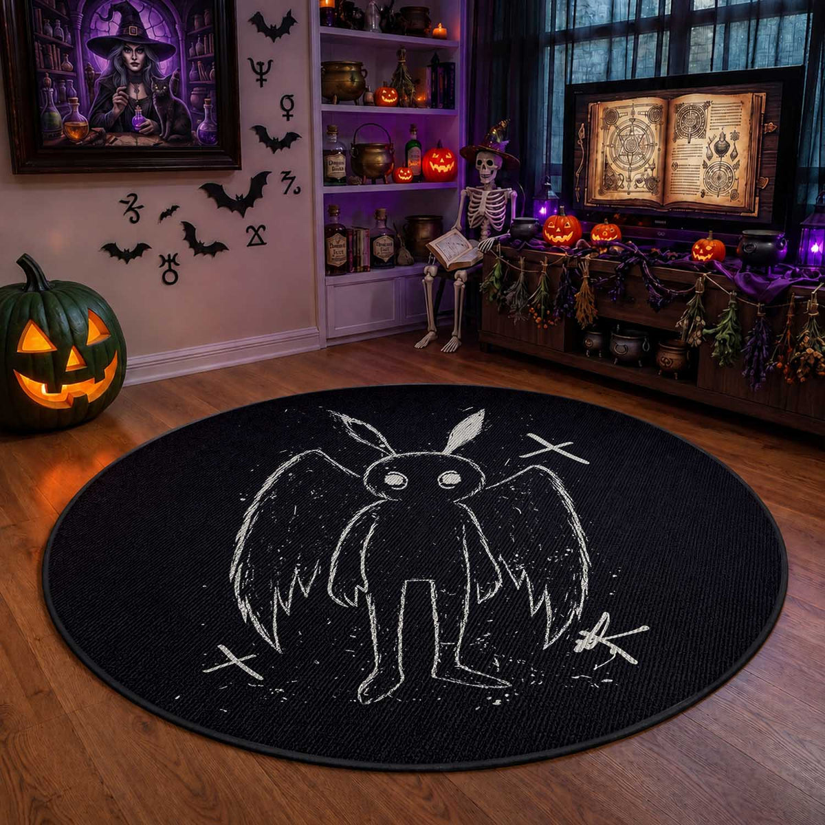 Creepy Cute Mothman Round Rug Alt Goth Grunge Horror Aesthetic Cryptid