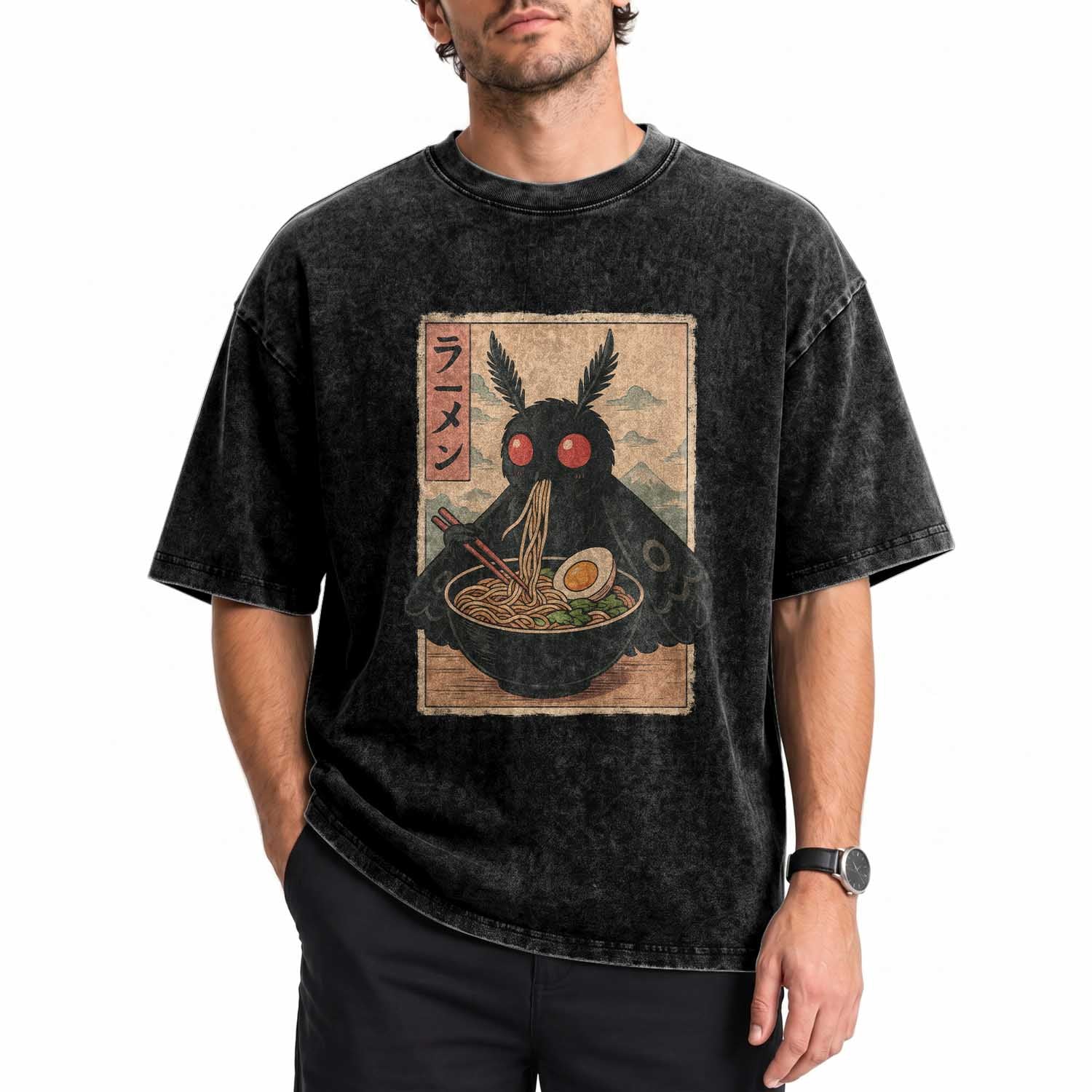 Funny Mothman Ramen Washed Cotton T-Shirt Japanese Kawaii Noodles Cryptid Retro Manga Anime TS10 Print Your Wear