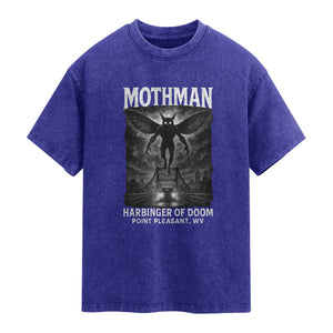 Mothman Washed Cotton T-Shirt Horror Poster Halloween Harbinger of Doom Cryptid Creature TS10 Indigo Blue Print Your Wear