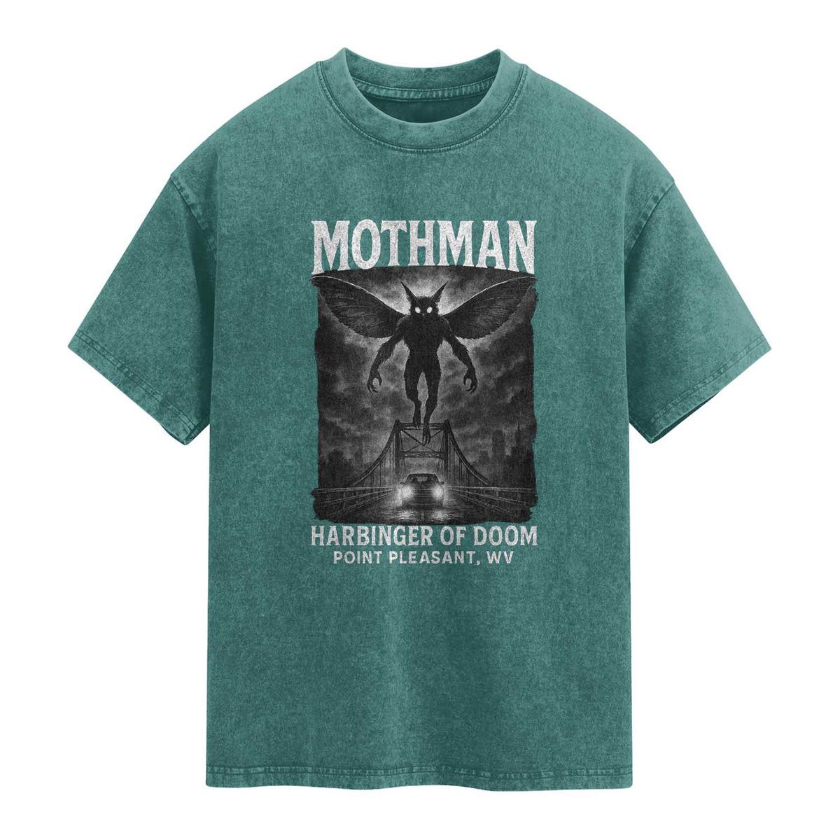 Mothman Washed Cotton T-Shirt Horror Poster Halloween Harbinger of Doom Cryptid Creature TS10 Teal Green Print Your Wear
