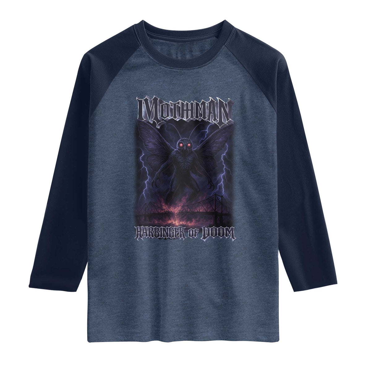 Mothman Raglan Shirt Black Bridge Folk Horror Cryptid Fan TS10 Heather Denim Navy Print Your Wear