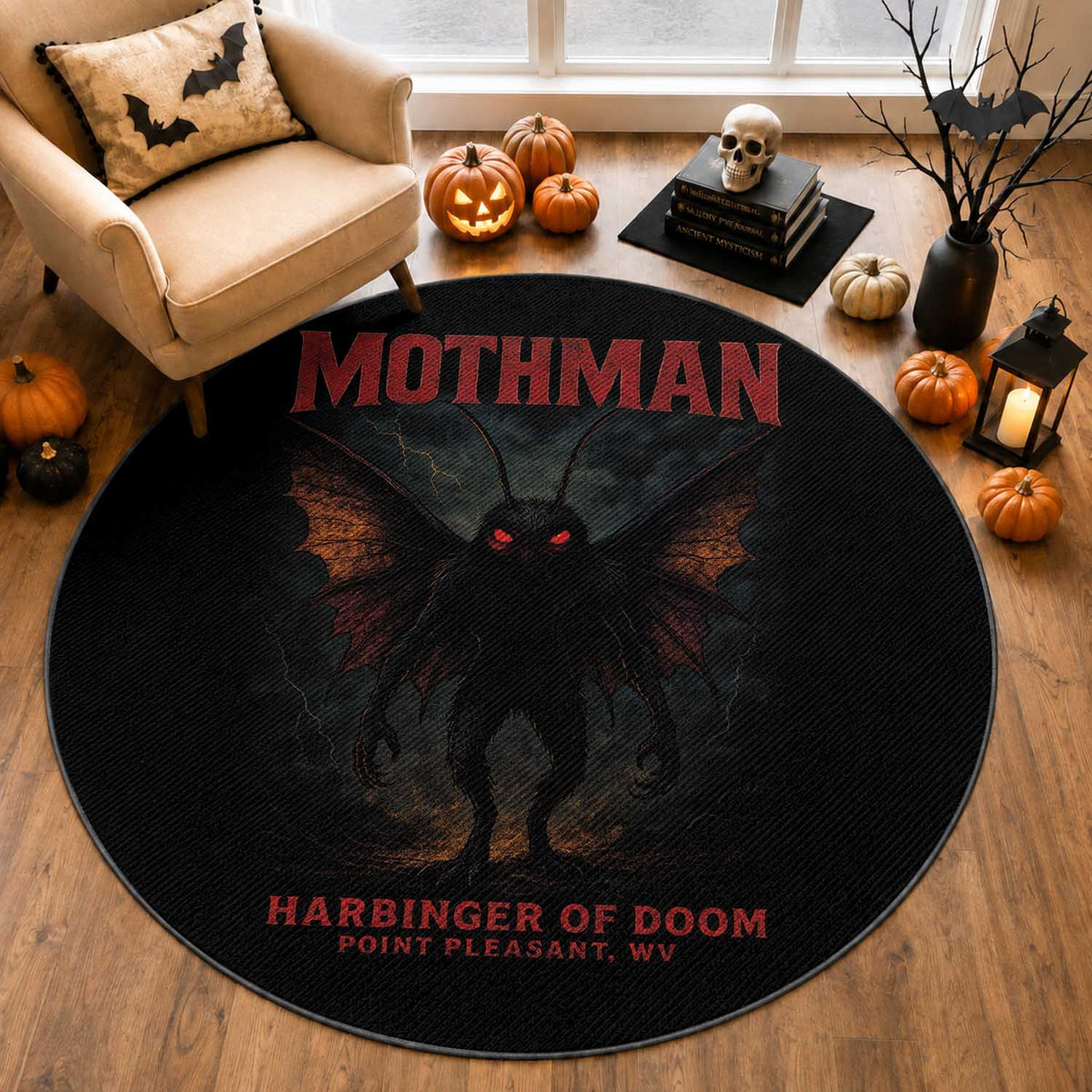 Mothman Round Rug Horror Harbinger of Doom Urban Myth Cryptid Creature