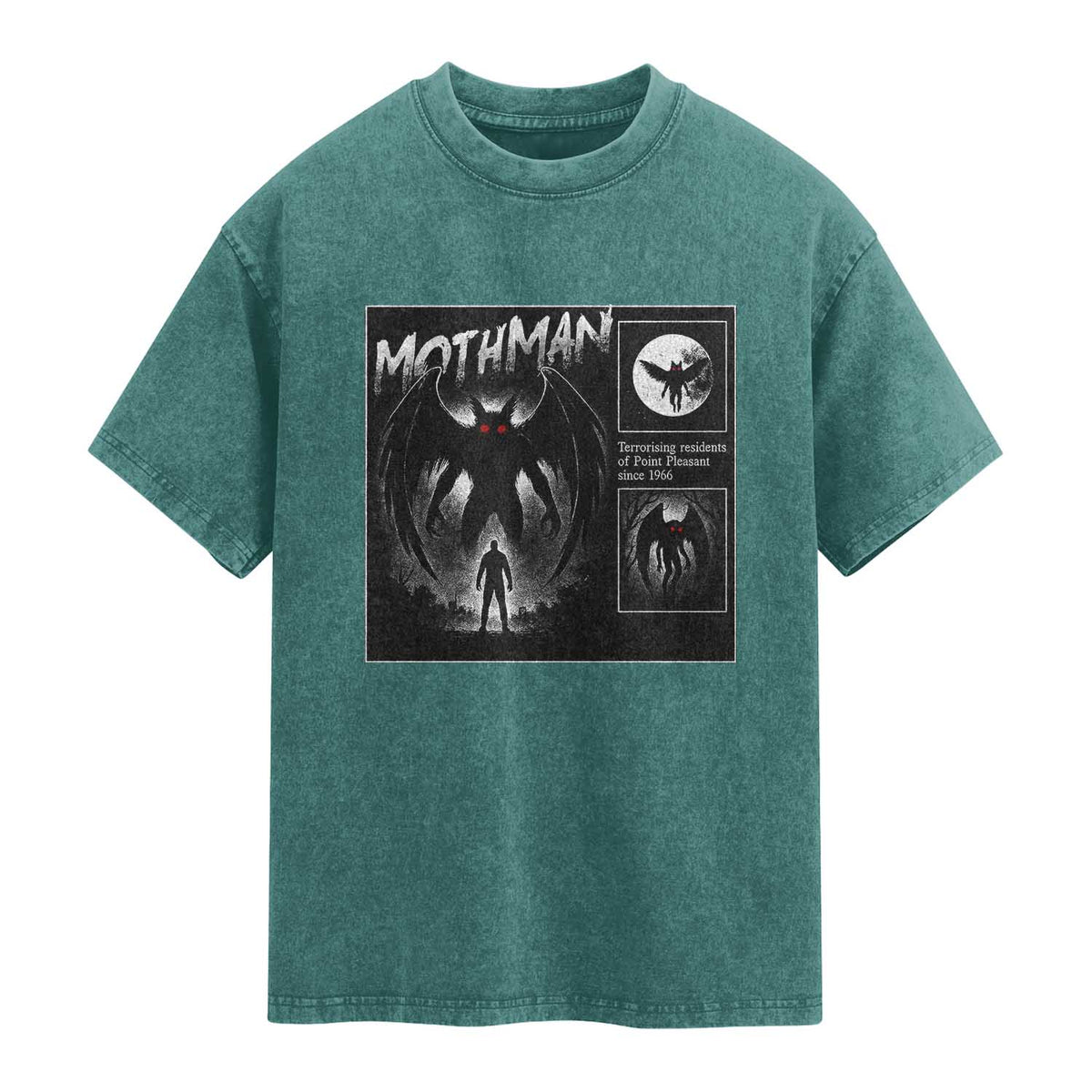 Mothman Washed Cotton T-Shirt Retro Horror Manga Urban Myth Cryptid Creature TS10 Teal Green Print Your Wear