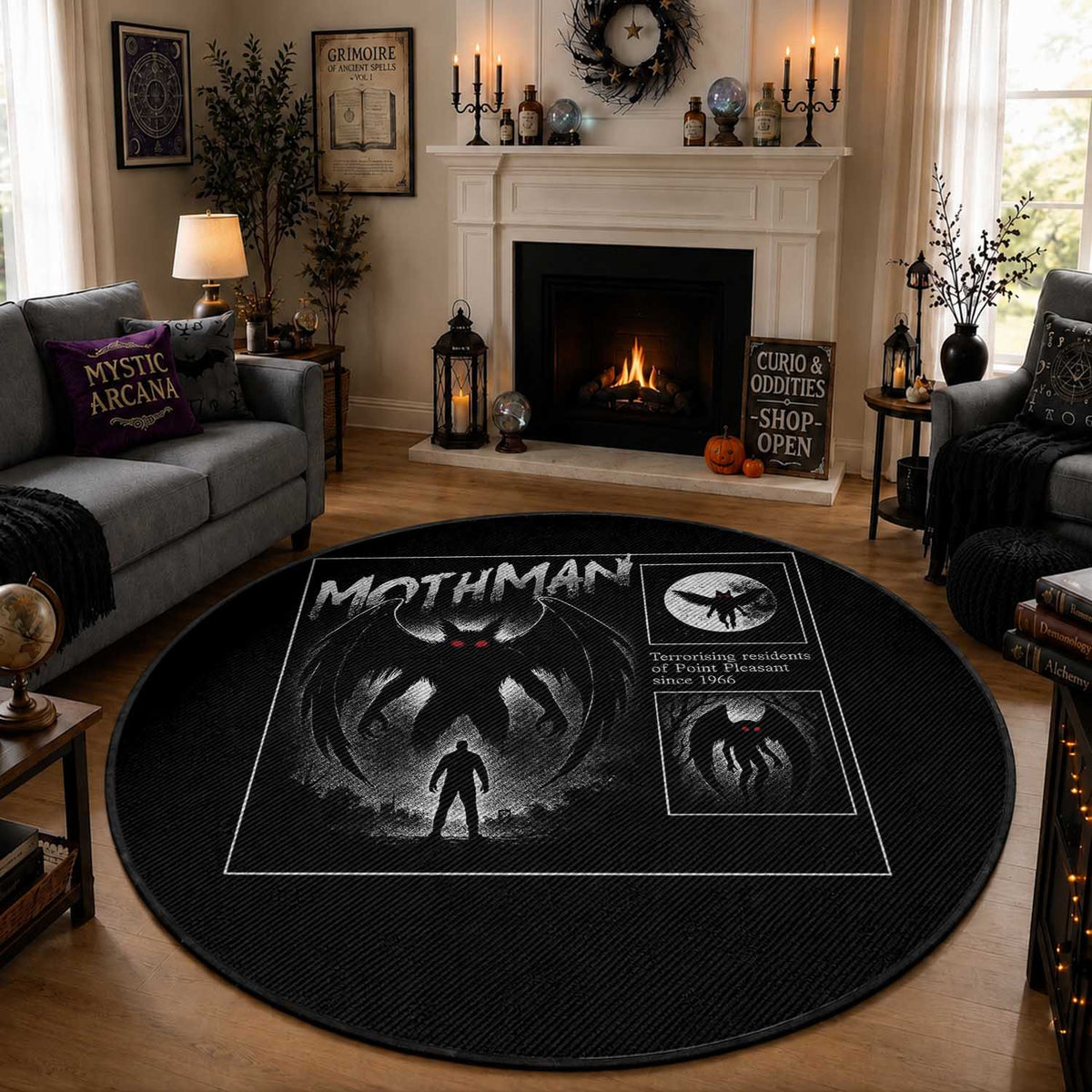 Mothman Round Rug Retro Horror Manga Urban Myth Cryptid Creature