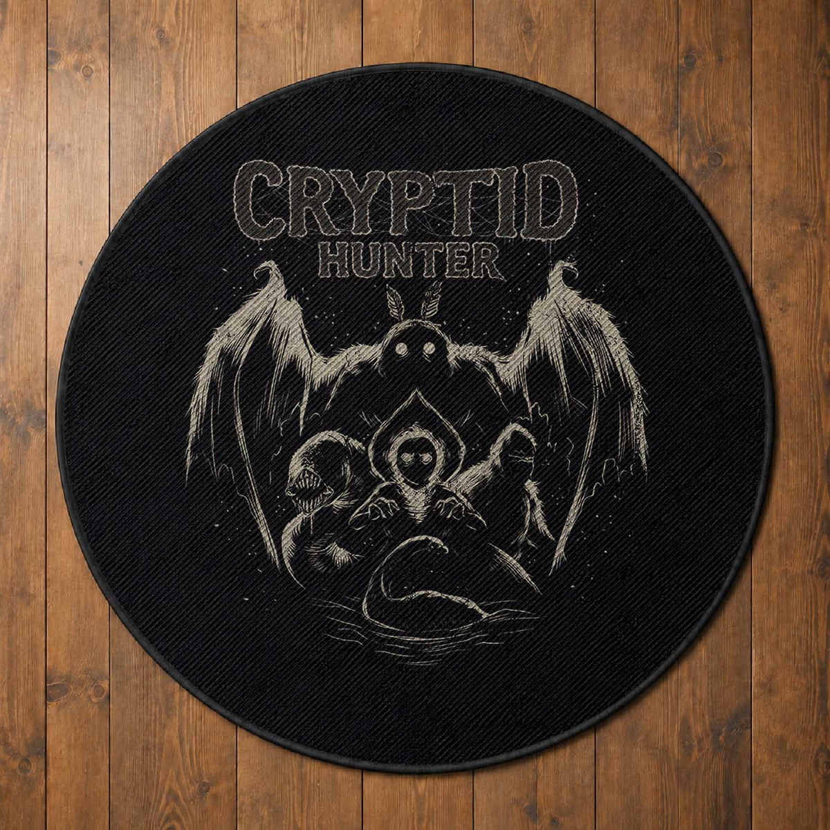 Retro Cryptid Hunter Round Rug Mothman Bigfoot Loch Ness Monster Cryptids