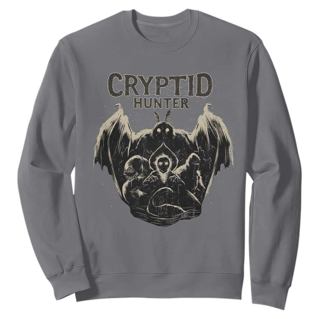 Retro Cryptid Hunter Sweatshirt Mothman Bigfoot Loch Ness Monster Cryptids TS10 Charcoal Print Your Wear