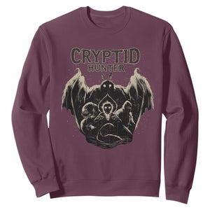 Retro Cryptid Hunter Sweatshirt Mothman Bigfoot Loch Ness Monster Cryptids TS10 Maroon Print Your Wear