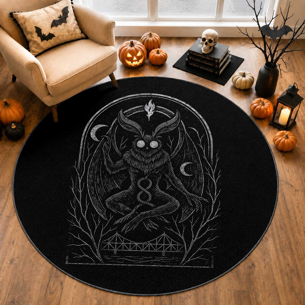 Mothman Round Rug Cryptid Paranormal Occult Horror Gothic Monster
