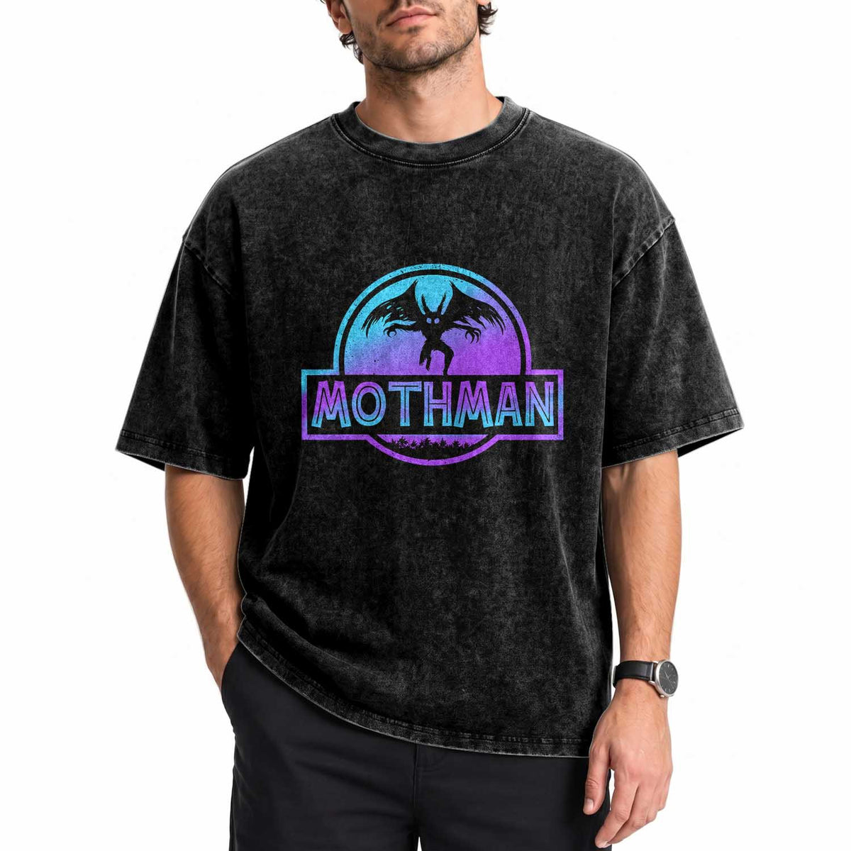Mothman Washed Cotton T-Shirt Retro Neon Cryptid Paranormal Horror Monster TS10 Print Your Wear