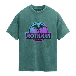 Mothman Washed Cotton T-Shirt Retro Neon Cryptid Paranormal Horror Monster TS10 Teal Green Print Your Wear