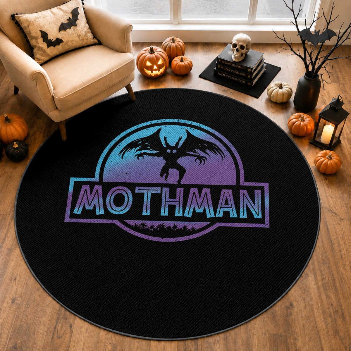 Mothman Round Rug Retro Neon Cryptid Paranormal Horror Monster
