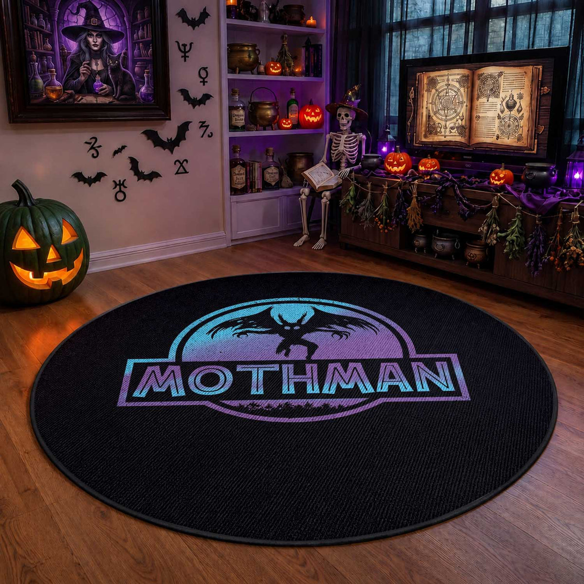 Mothman Round Rug Retro Neon Cryptid Paranormal Horror Monster
