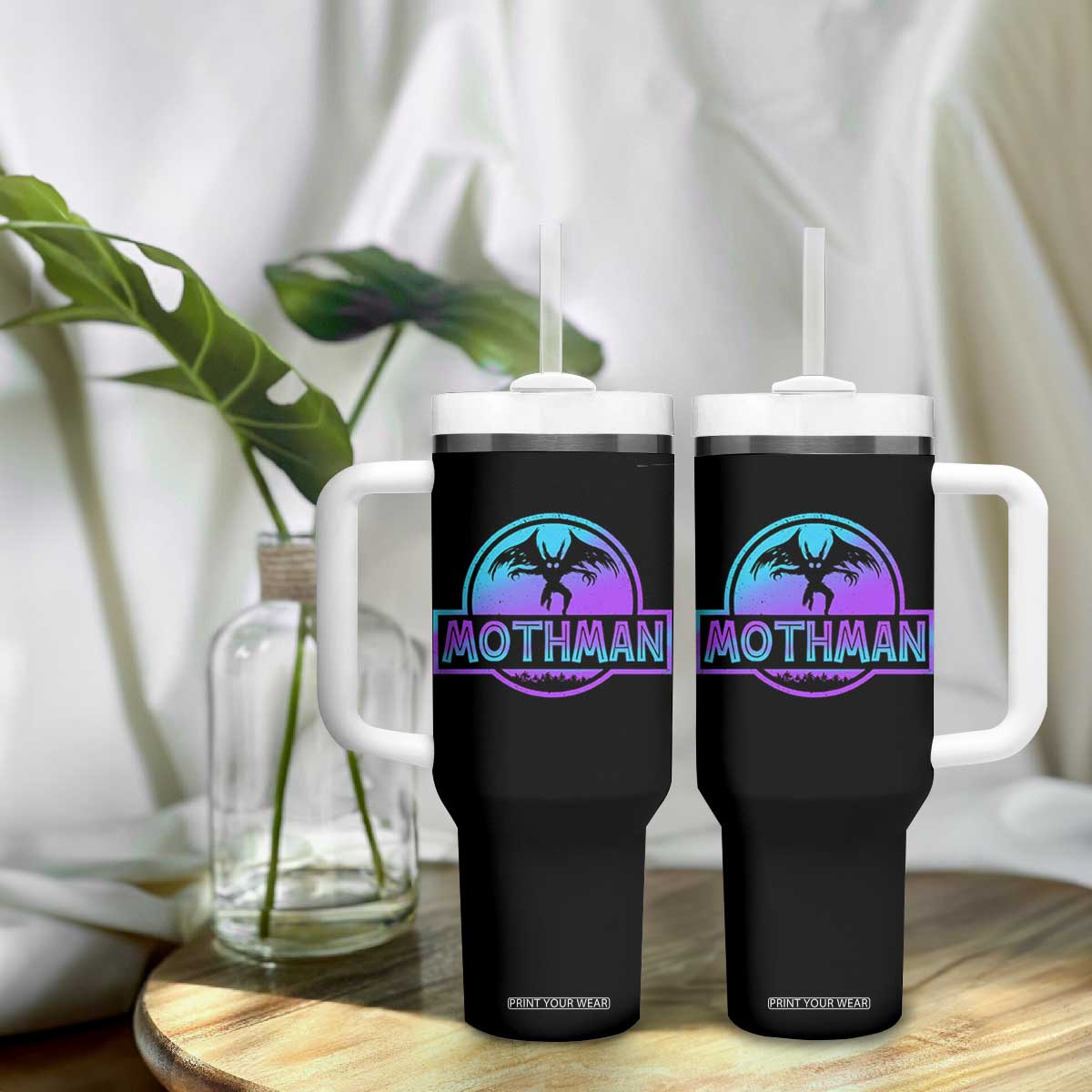 Mothman Tumbler With Handle Retro Neon Cryptid Paranormal Horror Monster TS10 Print Your Wear