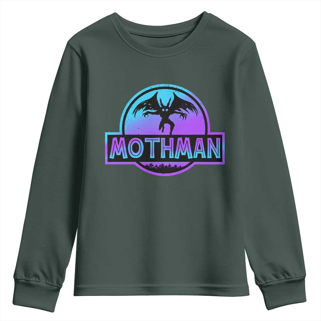 Mothman Youth Sweatshirt Retro Neon Cryptid Paranormal Horror Monster TS10 Dark Forest Green Print Your Wear