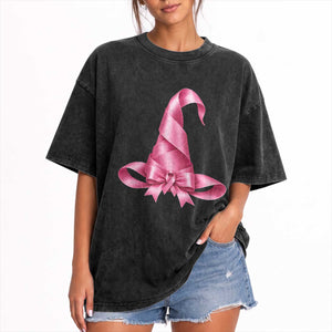 Pink Ribbon Witch Hat Breast Cancer Halloween Washed Cotton T-Shirt