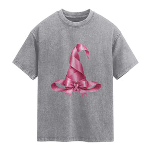 Pink Ribbon Witch Hat Breast Cancer Halloween Washed Cotton T-Shirt