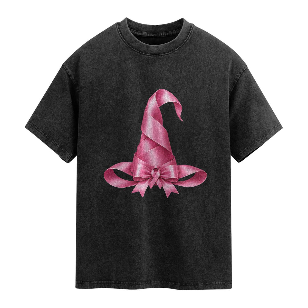 Pink Ribbon Witch Hat Breast Cancer Halloween Washed Cotton T-Shirt