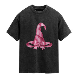 Pink Ribbon Witch Hat Breast Cancer Halloween Washed Cotton T-Shirt