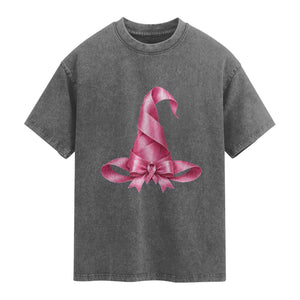 Pink Ribbon Witch Hat Breast Cancer Halloween Washed Cotton T-Shirt