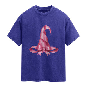 Pink Ribbon Witch Hat Breast Cancer Halloween Washed Cotton T-Shirt