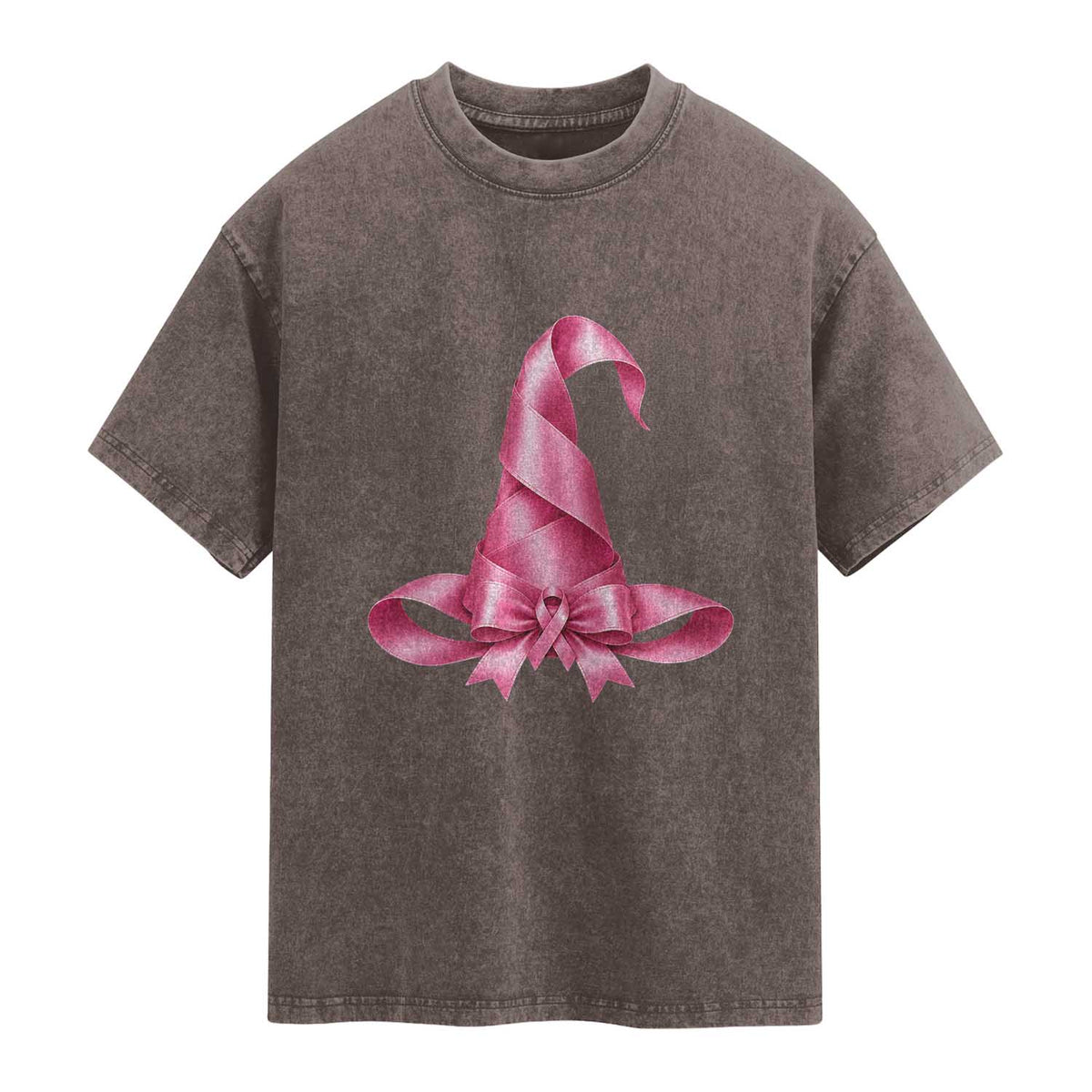 Pink Ribbon Witch Hat Breast Cancer Halloween Washed Cotton T-Shirt