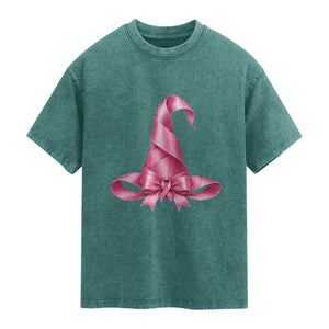 Pink Ribbon Witch Hat Breast Cancer Halloween Washed Cotton T-Shirt