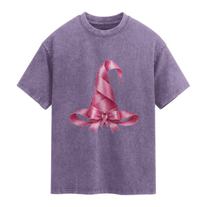 Pink Ribbon Witch Hat Breast Cancer Halloween Washed Cotton T-Shirt