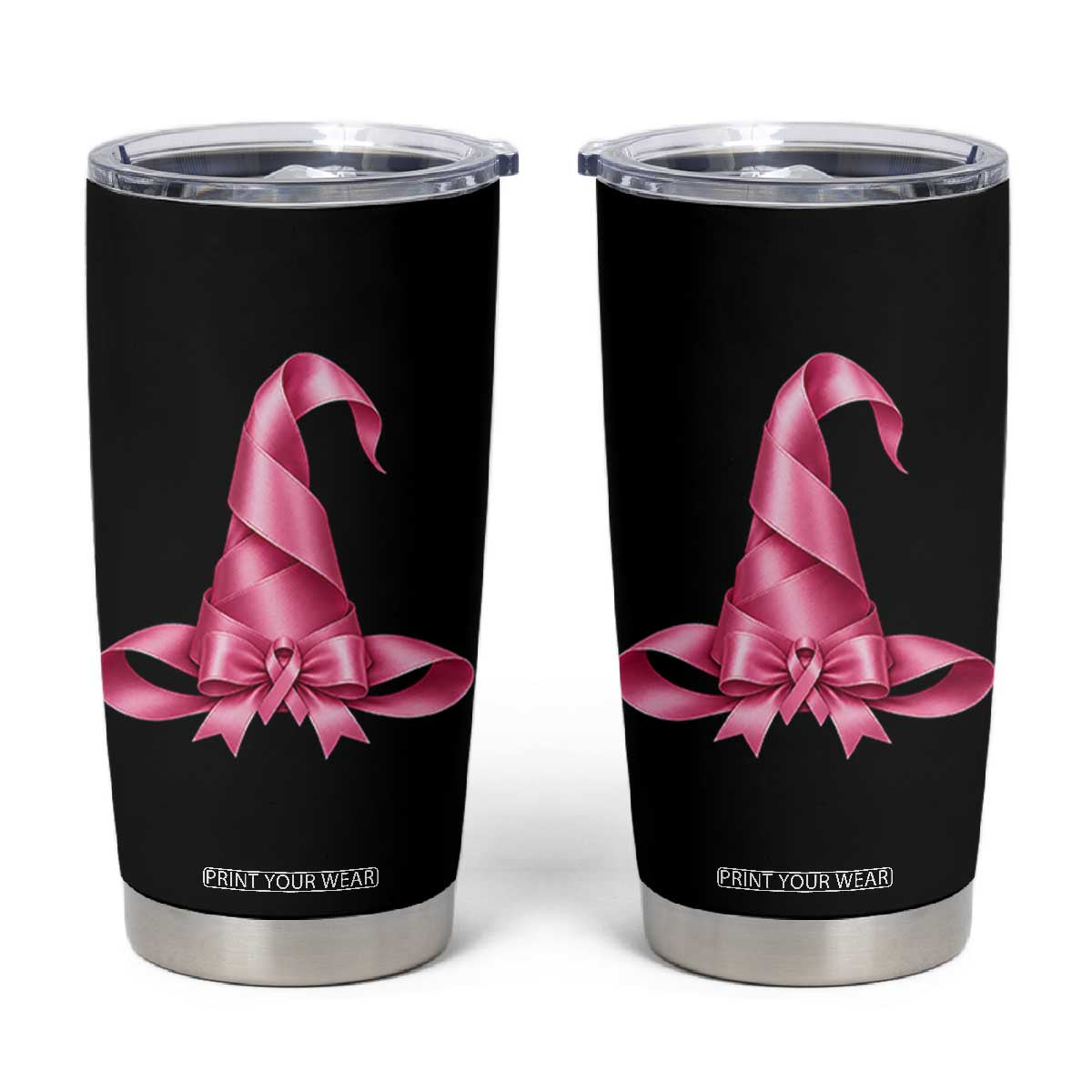 Pink Ribbon Witch Hat Breast Cancer Halloween Tumbler Cup
