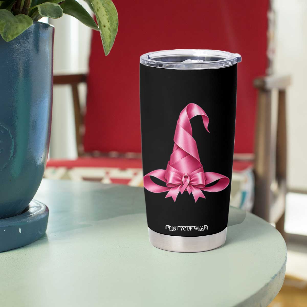 Pink Ribbon Witch Hat Breast Cancer Halloween Tumbler Cup