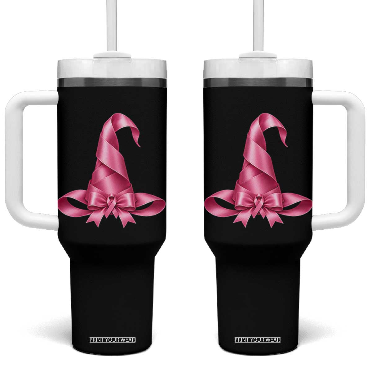 Pink Ribbon Witch Hat Breast Cancer Halloween Tumbler With Handle