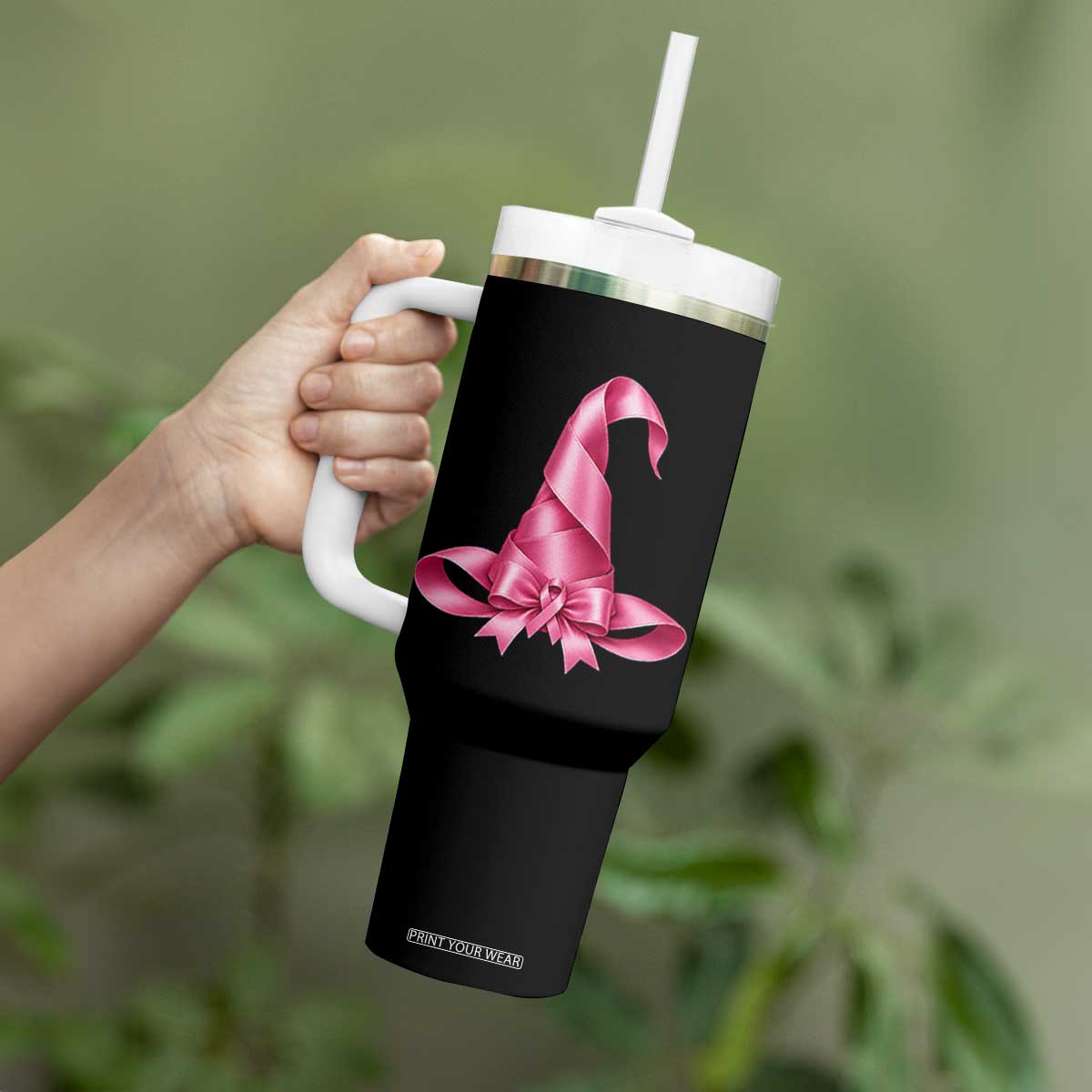 Pink Ribbon Witch Hat Breast Cancer Halloween Tumbler With Handle