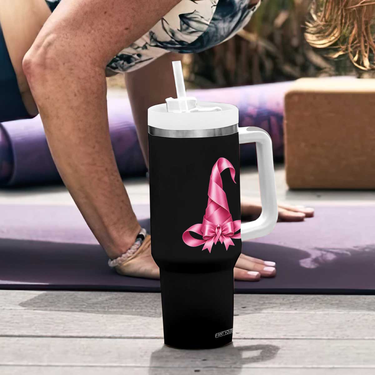 Pink Ribbon Witch Hat Breast Cancer Halloween Tumbler With Handle
