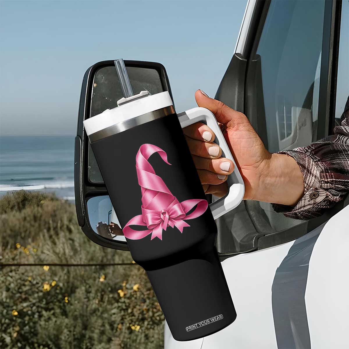 Pink Ribbon Witch Hat Breast Cancer Halloween Tumbler With Handle