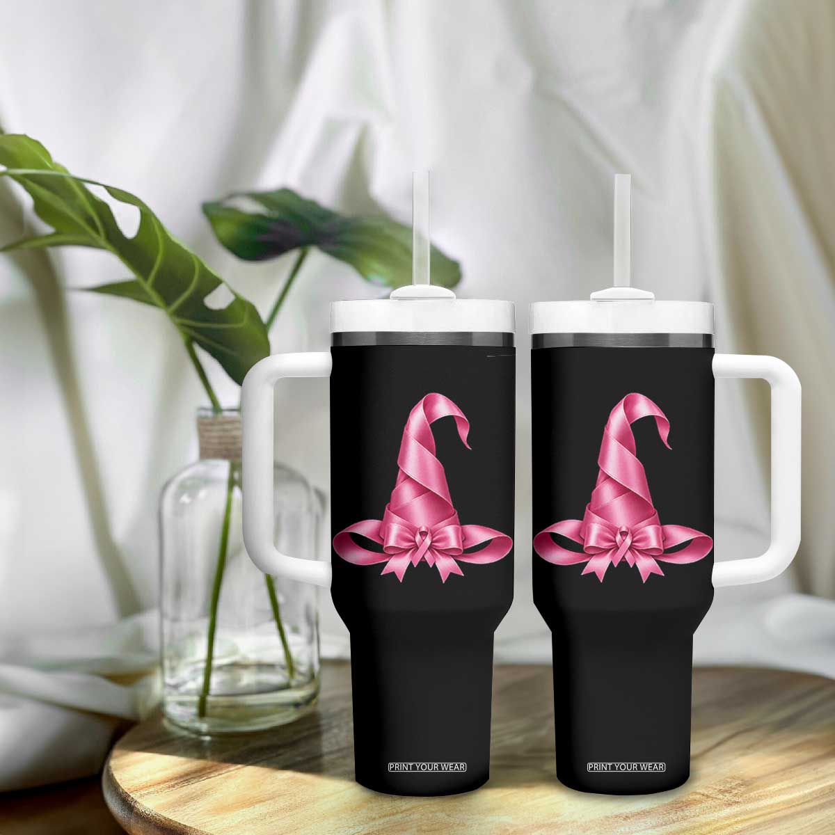 Pink Ribbon Witch Hat Breast Cancer Halloween Tumbler With Handle
