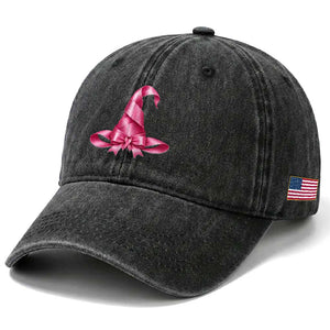 Pink Ribbon Witch Hat Breast Cancer Halloween Washed Cotton Baseball Cap