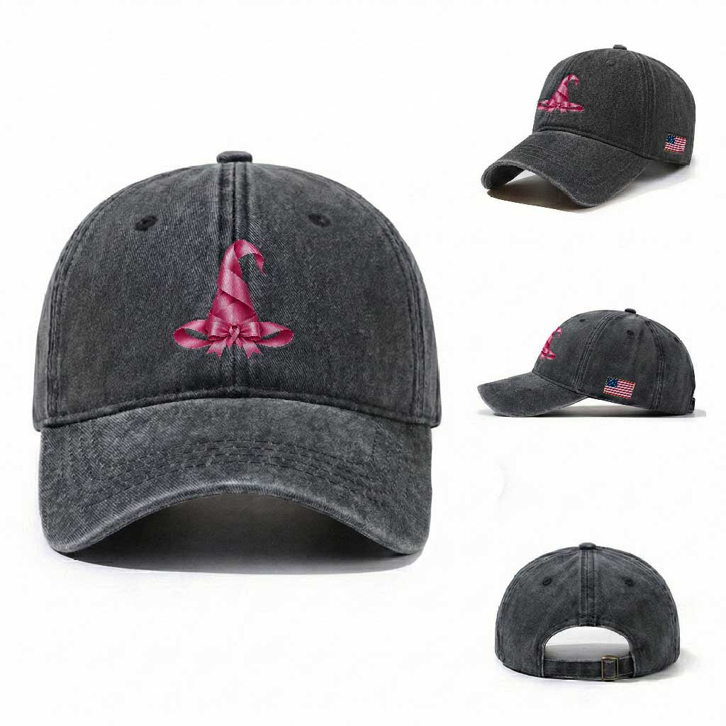 Pink Ribbon Witch Hat Breast Cancer Halloween Washed Cotton Baseball Cap