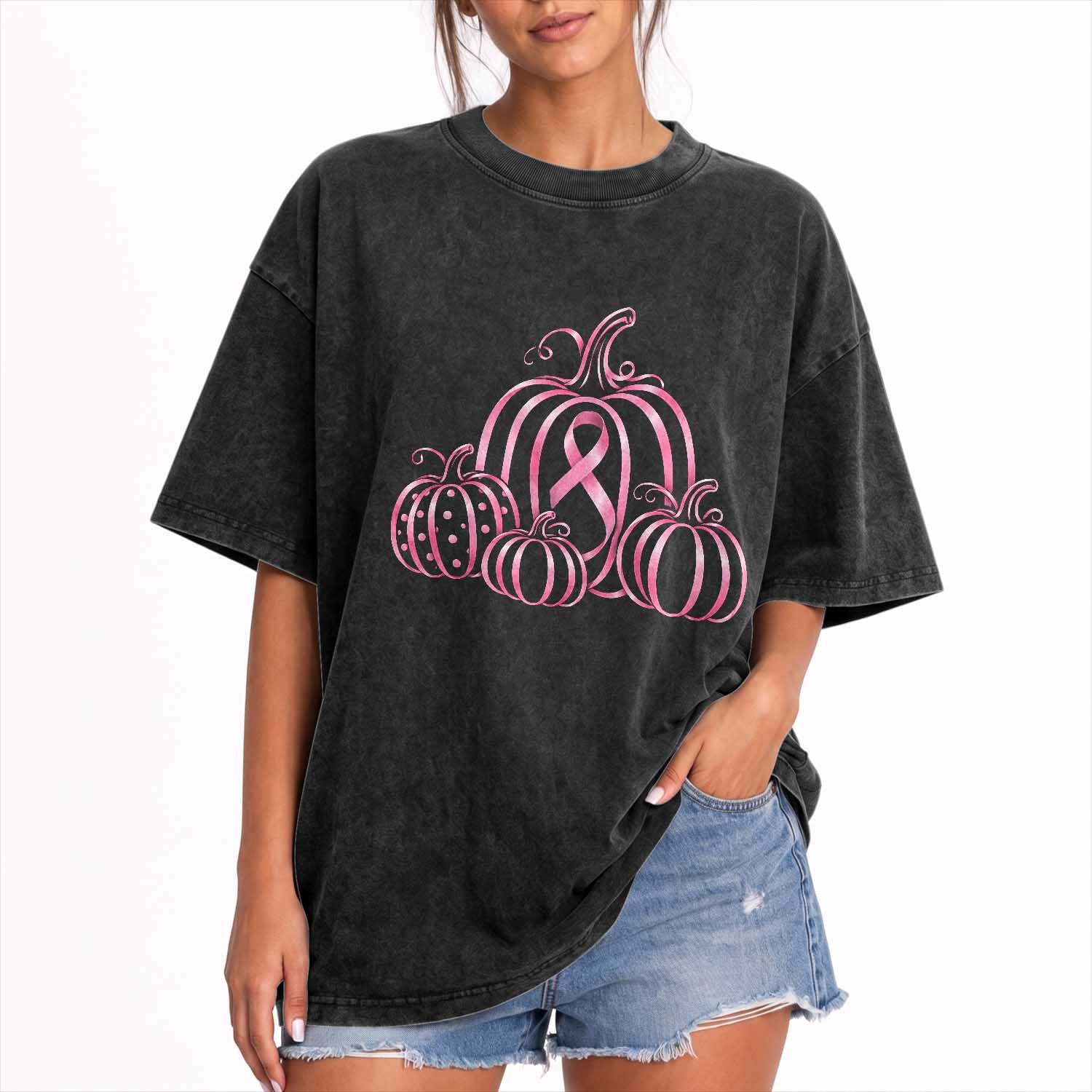 Pink Ribbon Pumpkin Graphic Breast Cancer Awareness Halloween Graphic Washed Cotton T-Shirt