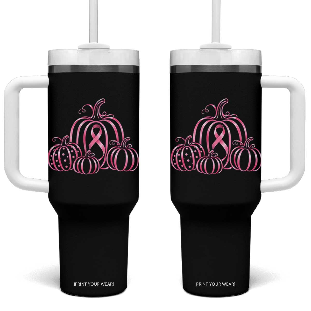 Pink Ribbon Pumpkin Graphic Breast Cancer Awareness Halloween Graphic Tumbler With Handle