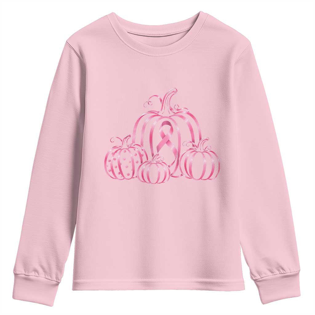 Pink Ribbon Pumpkin Graphic Breast Cancer Awareness Halloween Graphic Youth Sweatshirt