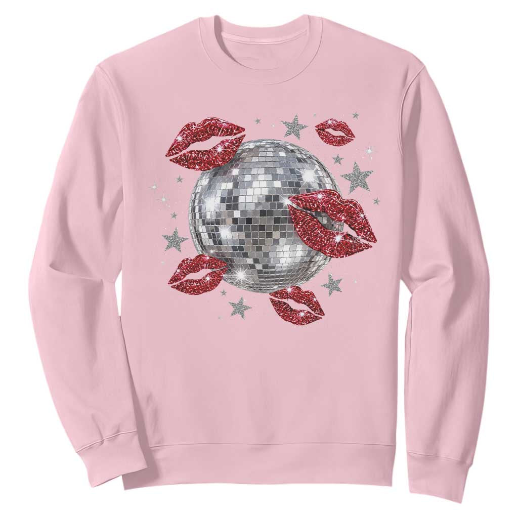 Disco Ball Kissing Lips Sweatshirt Faux Glitter Lips Graphic Printed Sparkly Party Graphic