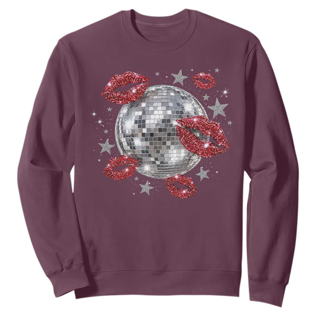 Disco Ball Kissing Lips Sweatshirt Faux Glitter Lips Graphic Printed Sparkly Party Graphic