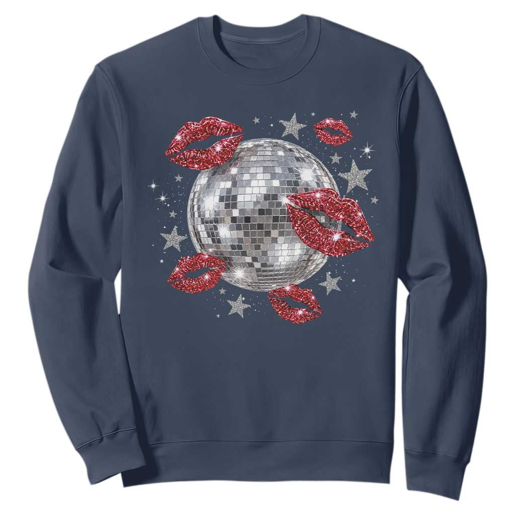 Disco Ball Kissing Lips Sweatshirt Faux Glitter Lips Graphic Printed Sparkly Party Graphic