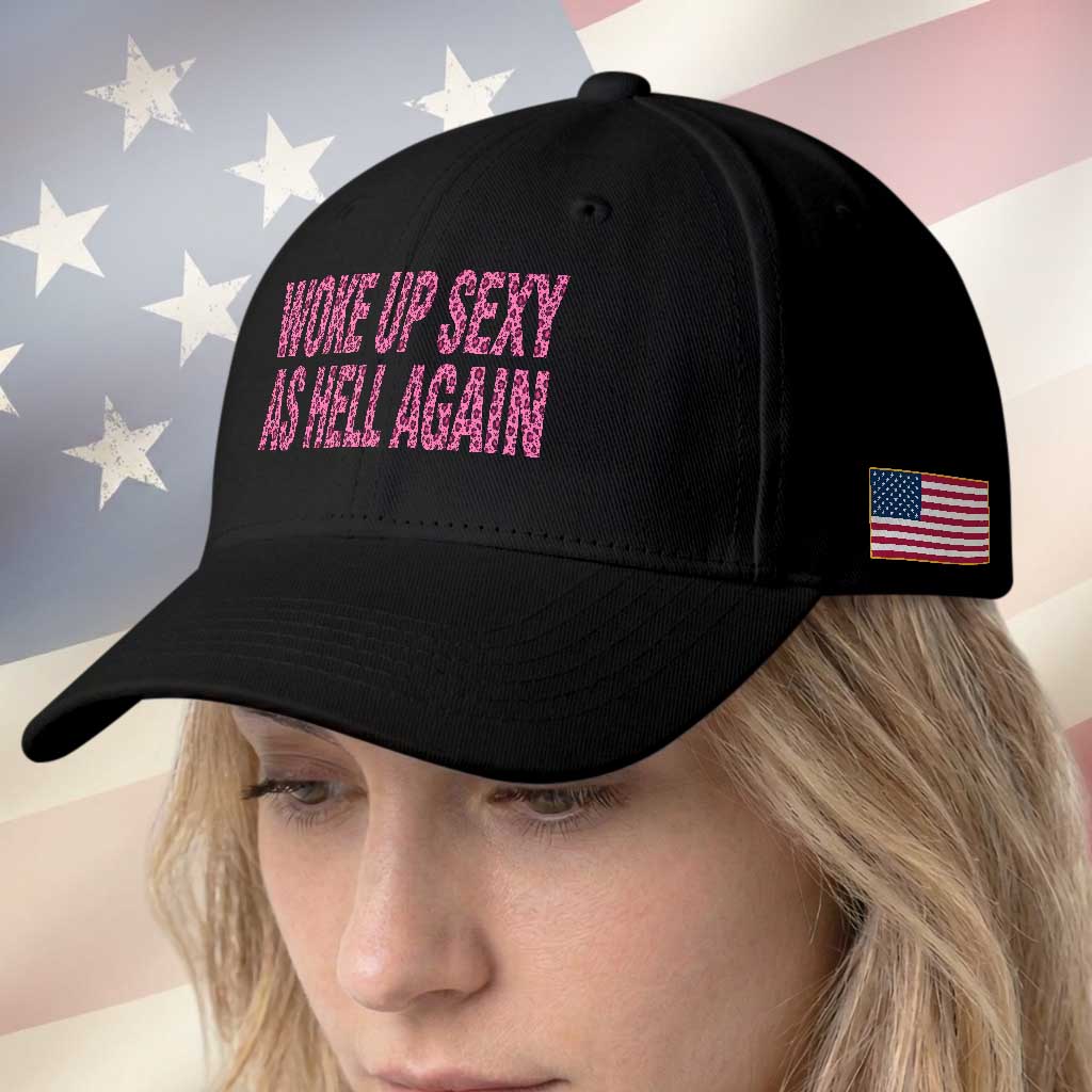 Woke Up Sexy Again Funny Confidence Quote Baseball Cap Sarcastic Humor Y2K Pink Leopard Graphic