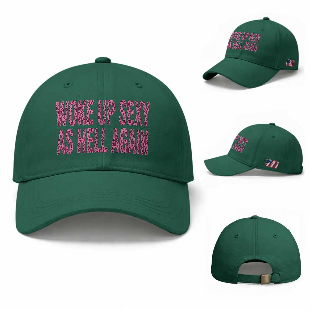 Woke Up Sexy Again Funny Confidence Quote Baseball Cap Sarcastic Humor Y2K Pink Leopard Graphic