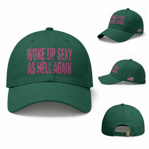 Woke Up Sexy Again Funny Confidence Quote Baseball Cap Sarcastic Humor Y2K Pink Leopard Graphic