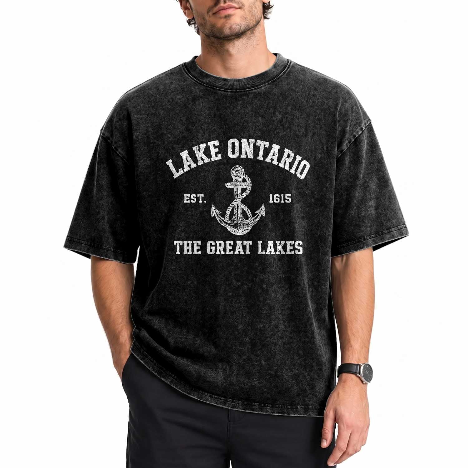 Lake Ontario Est 1615 Washed Cotton T-Shirt The Great Lakes Vintage Nautical Anchor Graphic