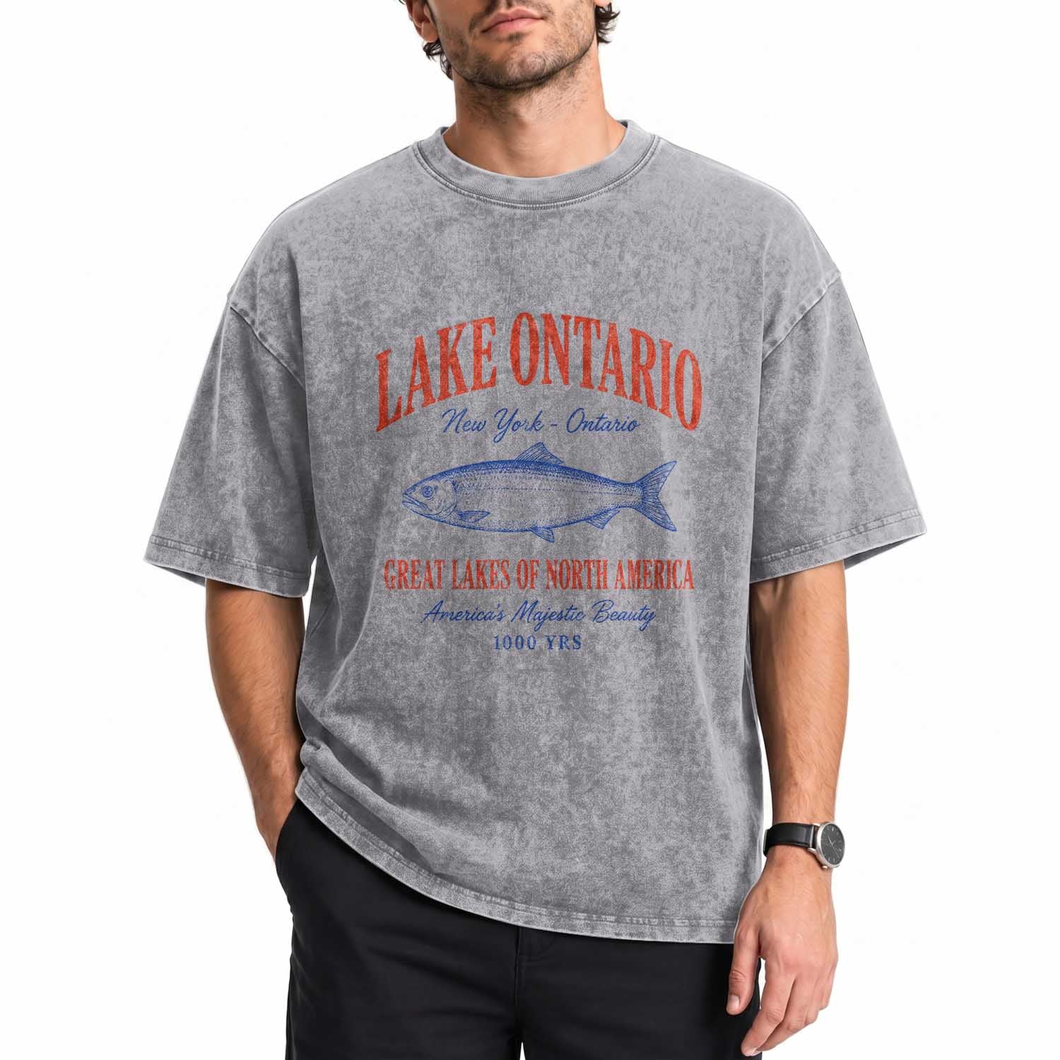 Retro Style Vintage Lake Ontario America Washed Cotton T-Shirt The Great Lakes Graphic