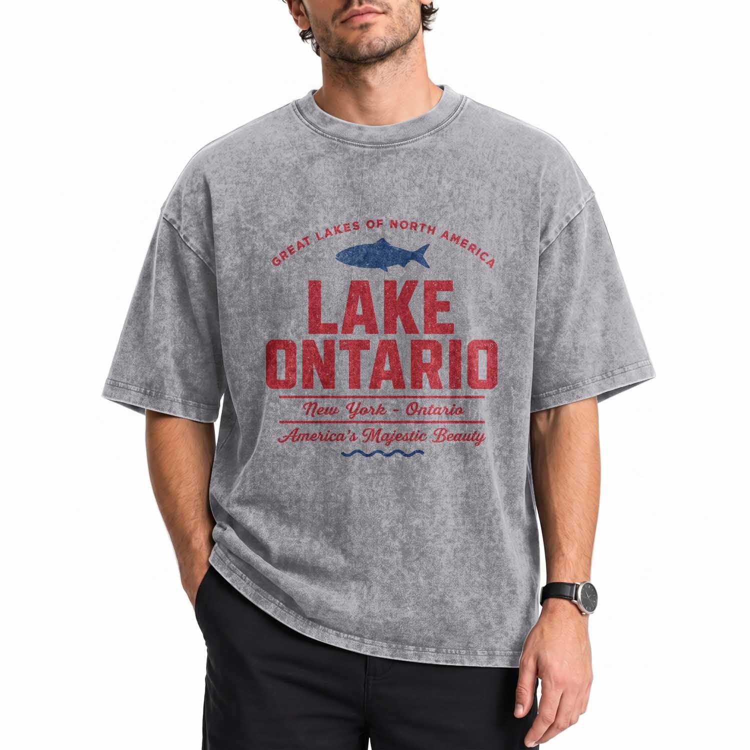 Vintage Lake America Funny Ontario USA Canada Graphic Washed Cotton T-Shirt Retro Style The Great Lakes